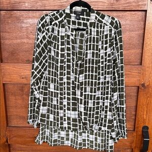Alfani Olive and Cream Geometric Pattern Blouse Size 16